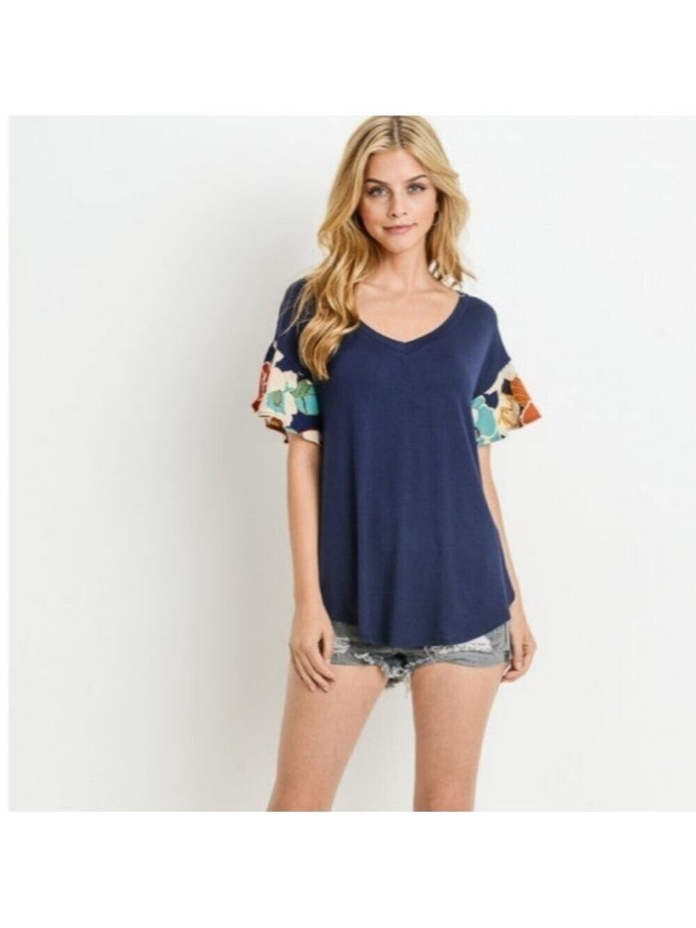 MAI SOLI Blue Short Sleeve V-neck Sheer Floral Contrast Top Size 1XL NWT